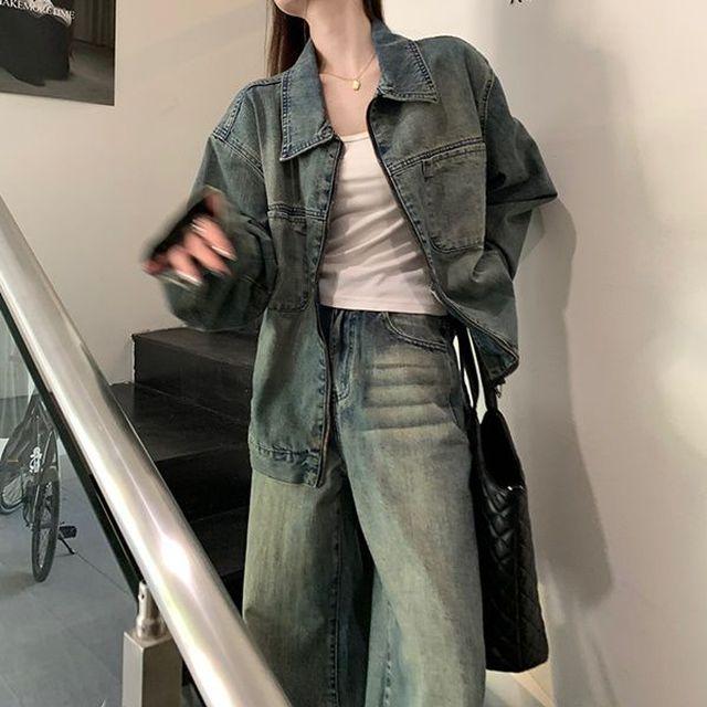 (코디세트)오버핏 데님 지퍼 자켓+와이드 워싱 데님 팬츠 세트 캐주얼 러블리 하객룩 상견례 결혼식 간절기 데이트 데일리 오피스룩 셋업 SET