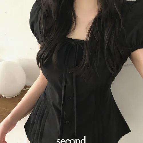 [허리잘록핏ෆ/여름데이트룩🍉] 마르츠 여름 리본 셔링 핀턱 허리끈 코튼 캡소매 퍼프 반팔 블라우스 (2color) 반팔블라우스/여름옷/여름신상/여름코디