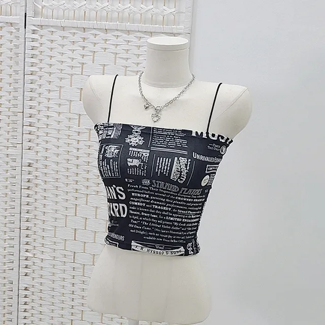 [당일출고🚀/2개묶음할인/빈티지/섹시/유니크/y2k] 시오 뉴스 슬림핏 스판 레터링 나염 페이퍼 프린팅 끈 이너 일자 튜브 탑 레이어드 스퀘어넥 크롭 나시티
