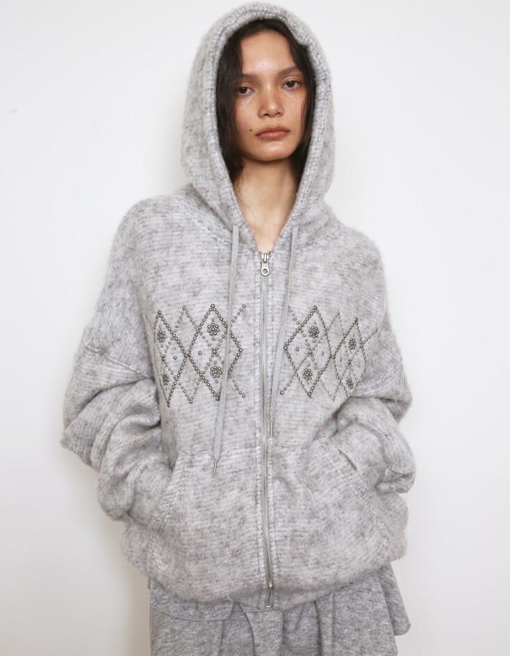 FLUFFY ARGYLE STUDDED HOODIE_ONZI EDITION [GREY]