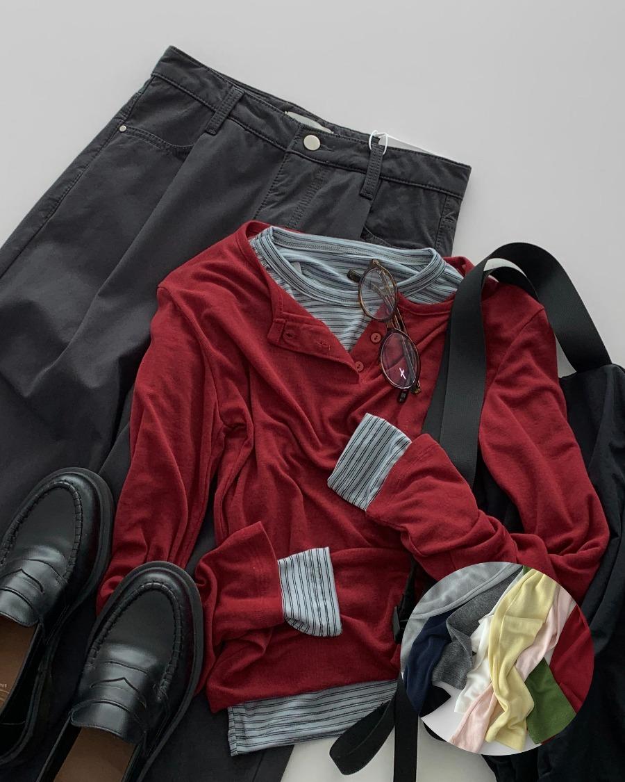 울 텐셀 넥 버튼 슬림 티셔츠