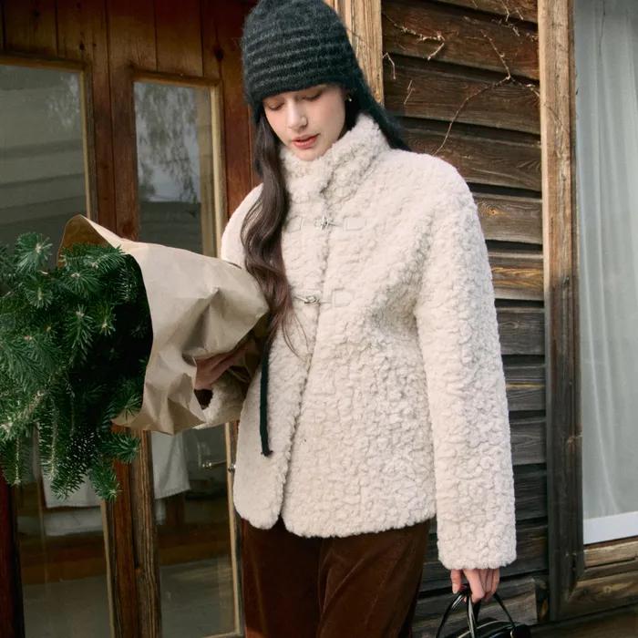 High Neck Toggle Fur Jacket Cream