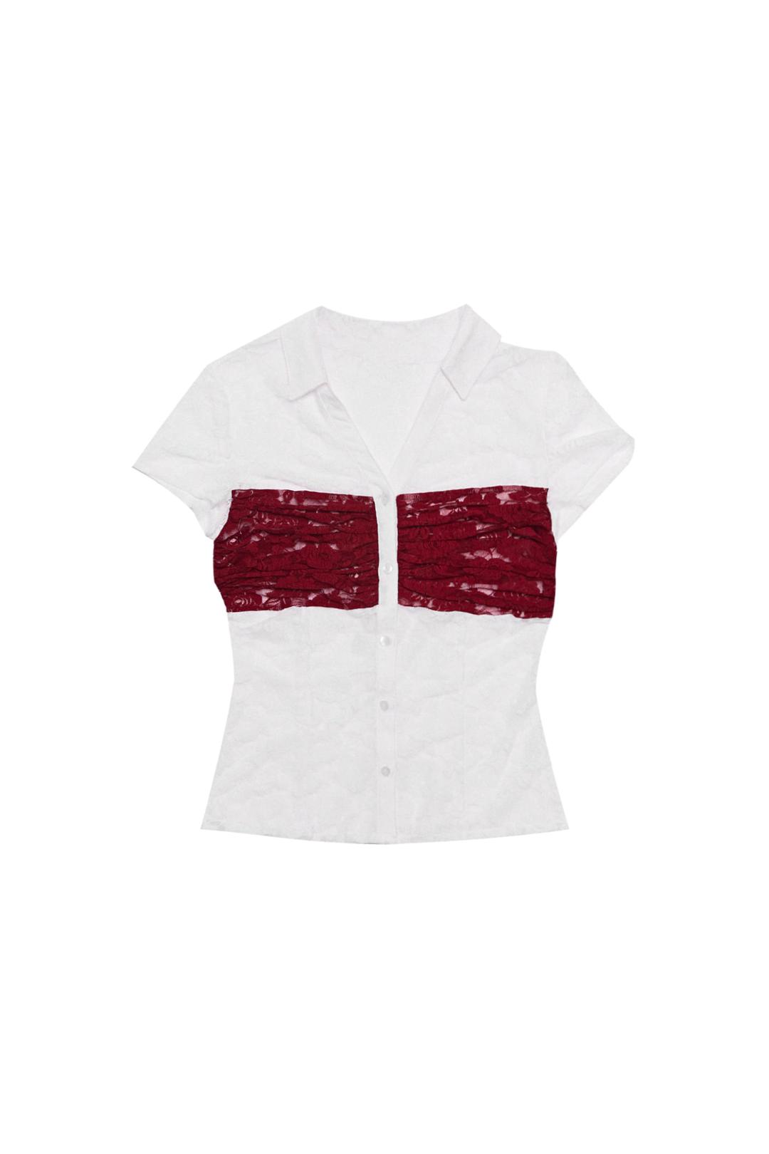 LACE SHIRRING SHIRT #WHITE&RED | 달링유어배드