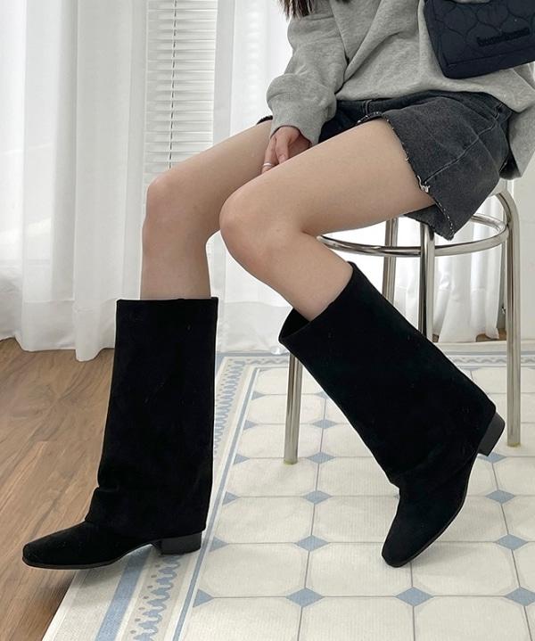 [폴딩부츠/유니크🖤] 리노 와이드 가죽 스웨이드 셔링 워머 롱부츠 3 color