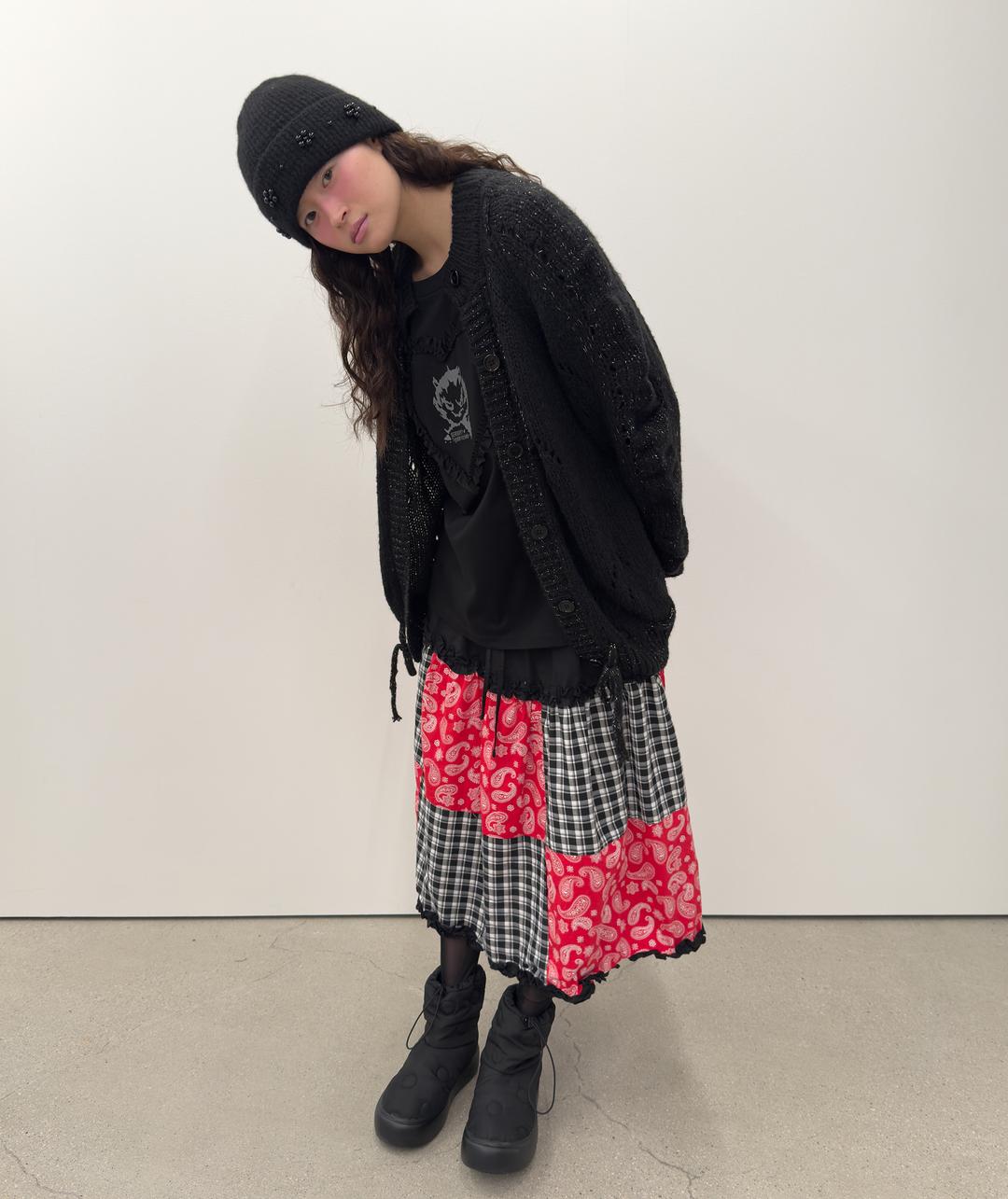 Mixed Fabric Ruffle Skirt [Black]