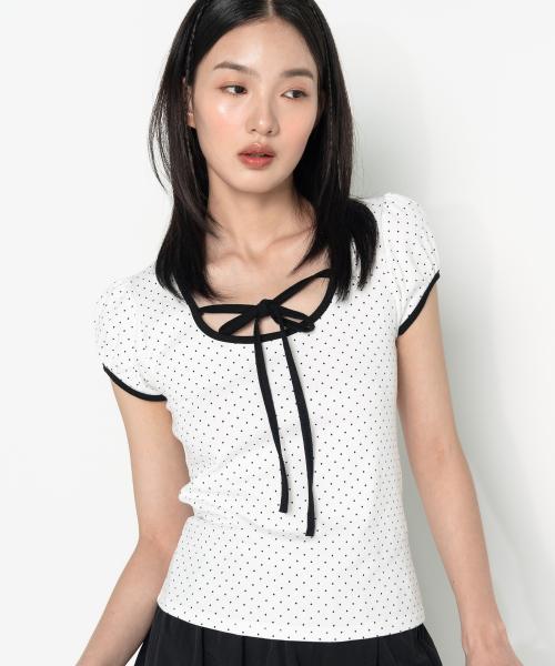 퍼프소매 도트 리본 숏슬리브 티셔츠 화이트
