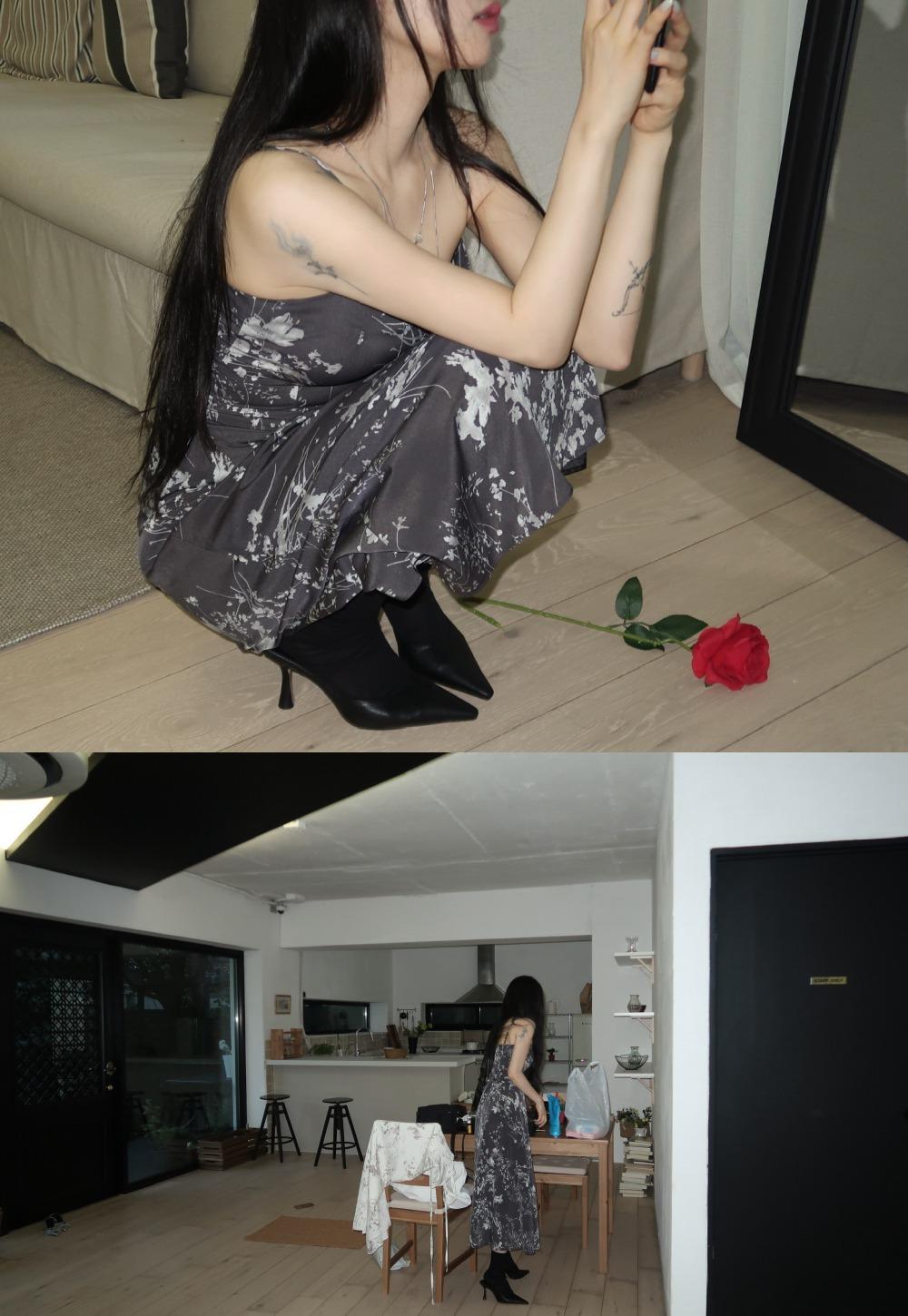 flower silhouette dress / black