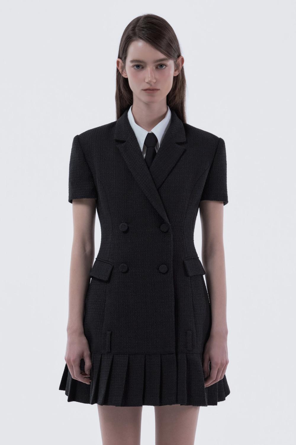 Jenn Pleated Half-Sleeve Suit Jacket Dress - Tweed Black