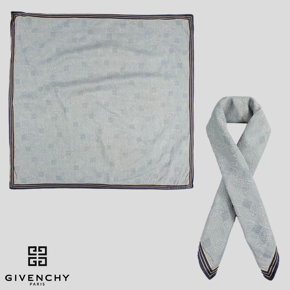 GIVENCHY 지방시 스카이블루 소라 하늘색 모노그램 로고 페이즐리 패턴 코튼 행커치프 손수건 쁘띠스카프