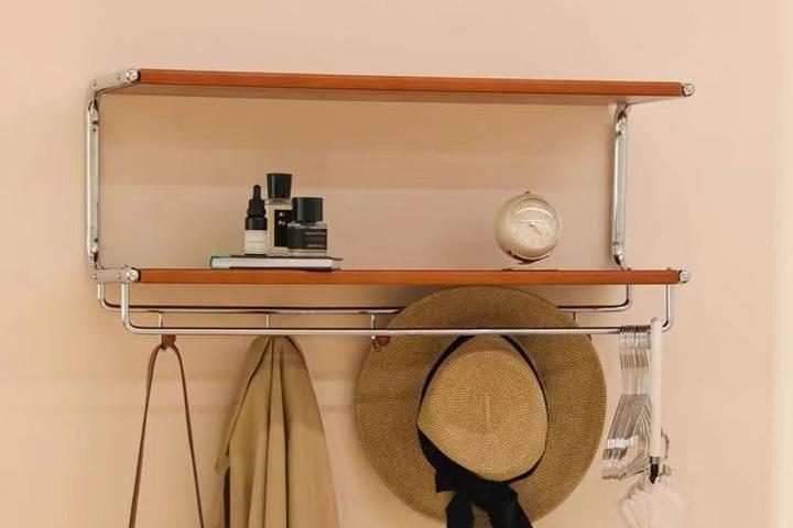 [해외] 빈티지 스테인리스 우드 코트랙 행거 모자 가방 걸이 2단 벽선반