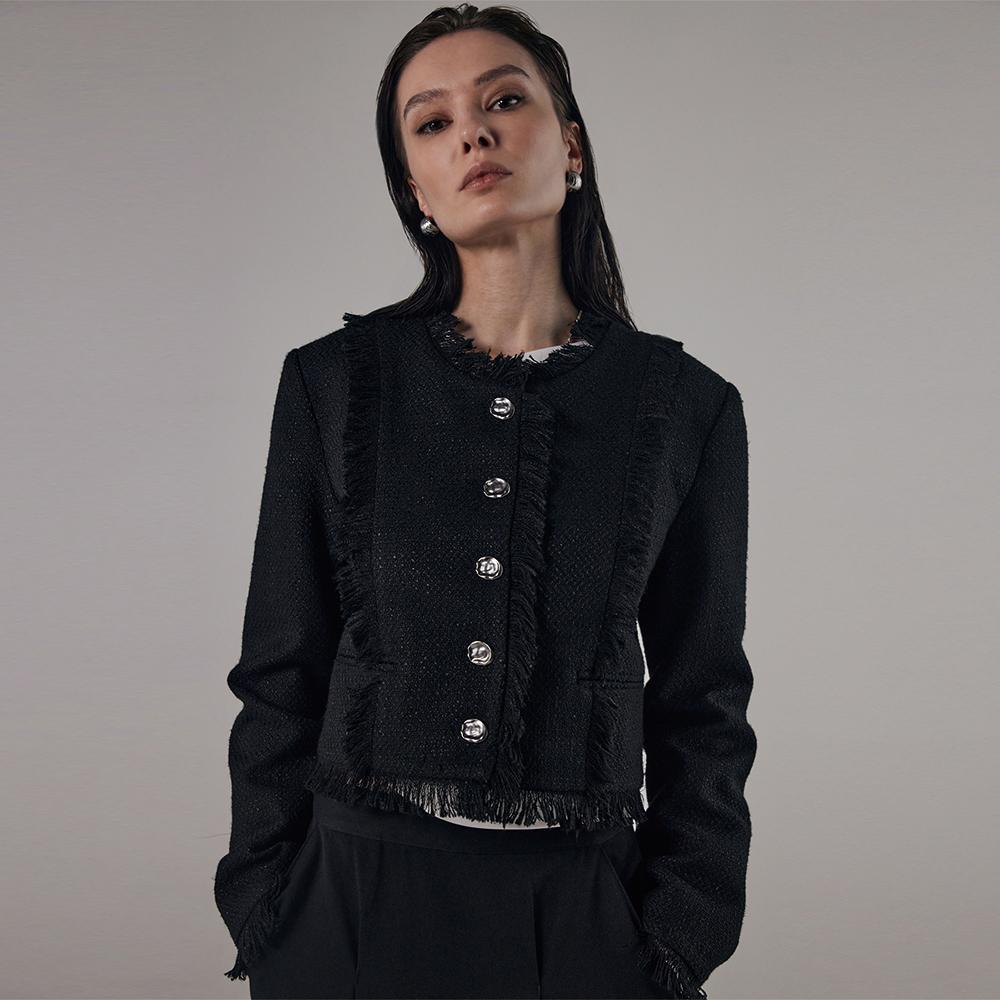 Tassel Incision Tweed Jacket [ Black ]