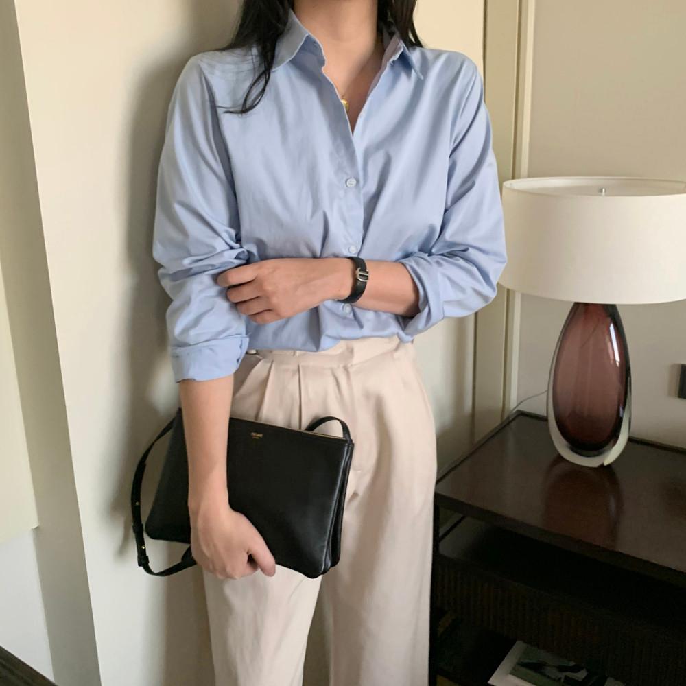 기본 면 카라 레이어드 루즈핏 봄 여성 셔츠 남방 소라색 하늘색 화이트 핑크