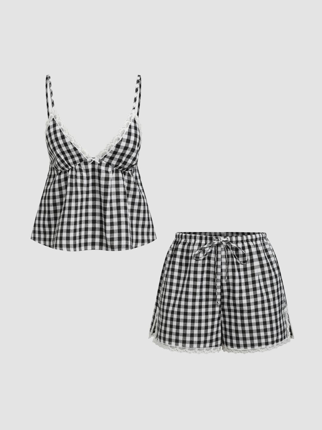 Cotton-blend V-neck Lace Trim Cami Top & Mid Rise Gingham Shorts Loungewear Set