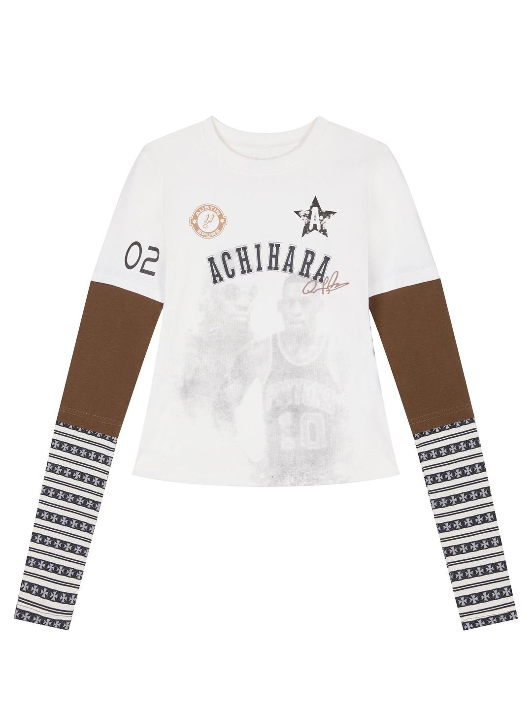 Spring Slim Fit Star Print Embroidered Layered Cuff Long Sleeve T-shirt