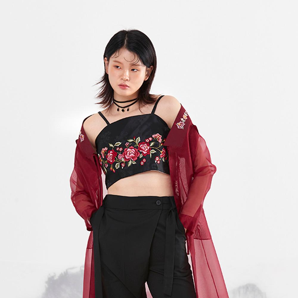 리슬 X 카드 은월 목단 자수 크롭 튜브탑 블랙 여자 사계절 생활한복