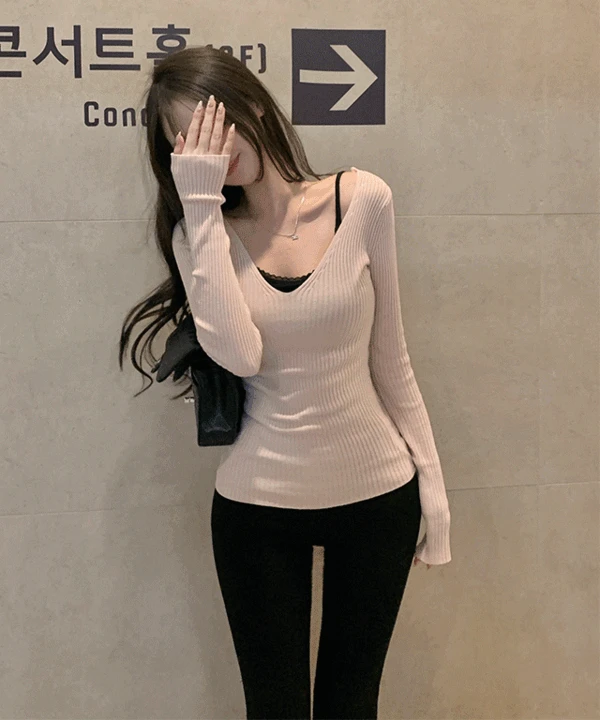 [ 수지니트🐰/ 핏보장 ] 미뇽 양브이넥 슬림핏 골지 긴팔 니트
