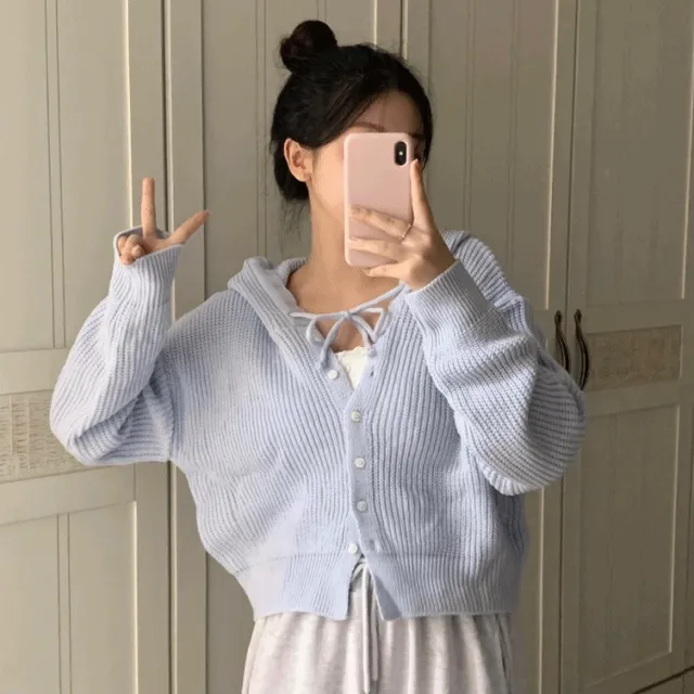 🩵무조건소장🩵 리본 스트랩 끈 하찌 니트 후드집업 가디건