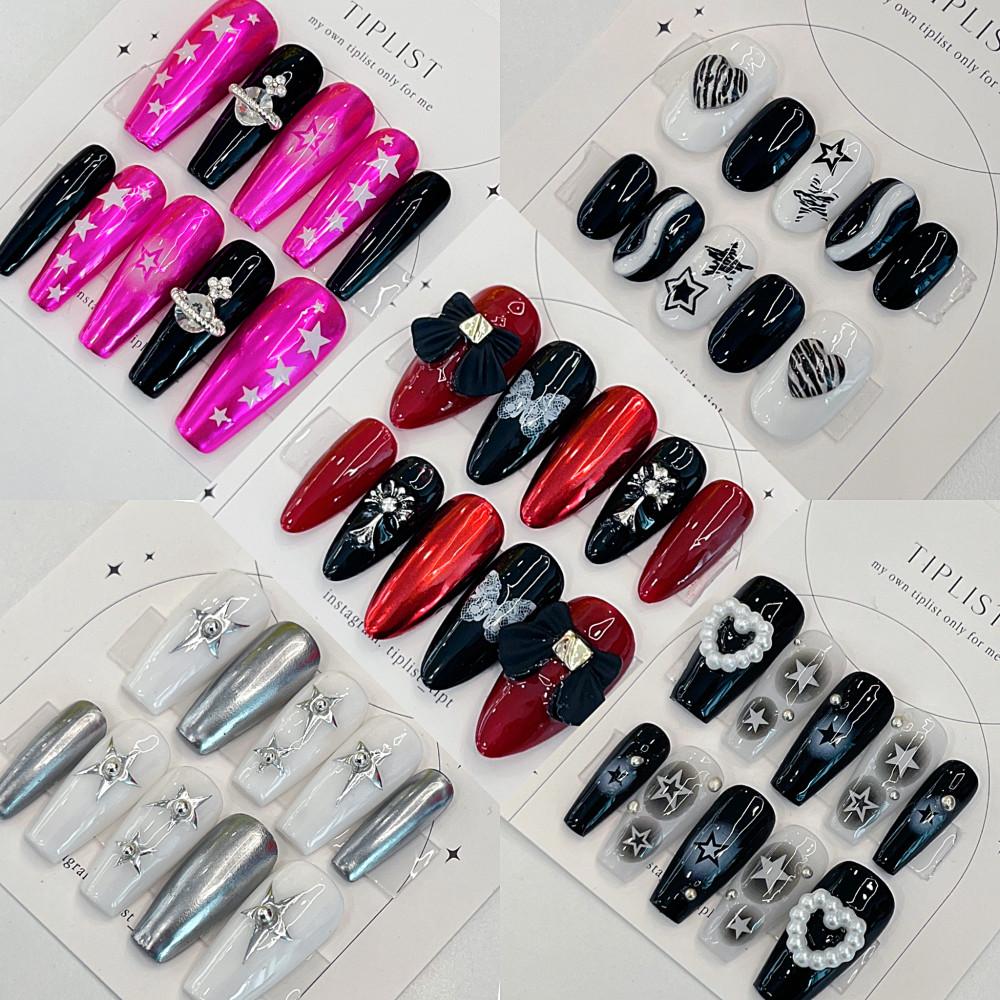 붙이는 네일 화려한 y2k 유니크 메탈 파우더 수제 네일팁