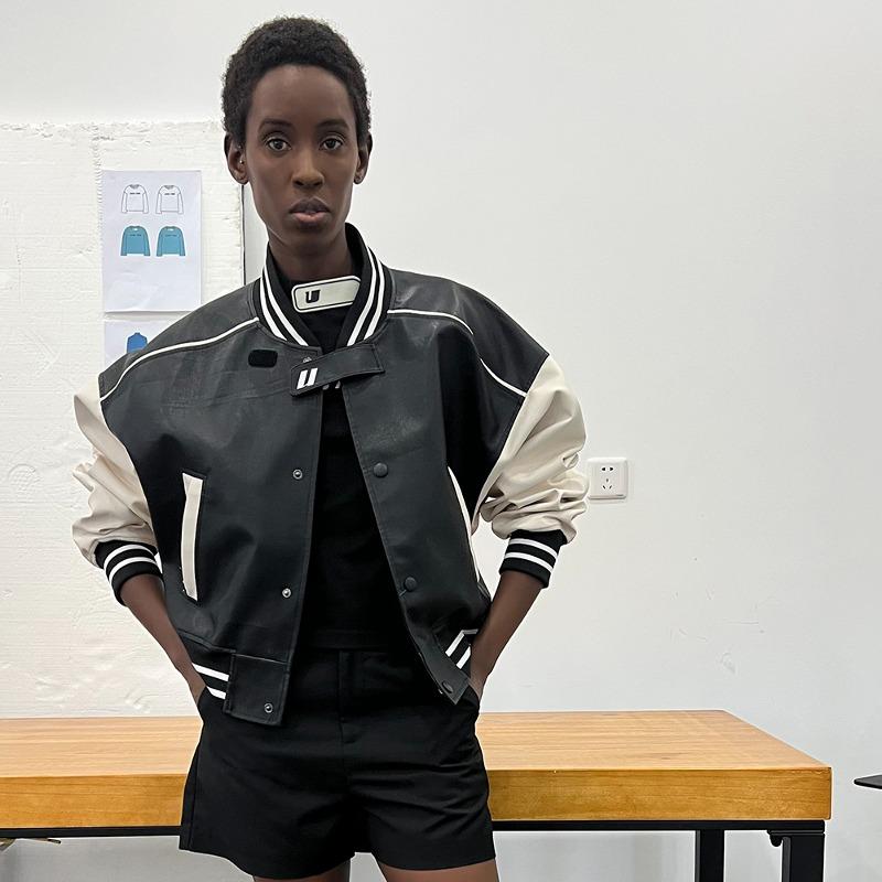 [UMAMIISM : 우마미즘] U logo neck band detail Vegan leather varsity Jacket Black