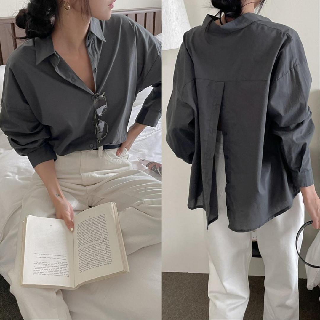 여성 가을셔츠 뒷트임 오버핏 바스락 블라우스 롱 화이트셔츠 면남방