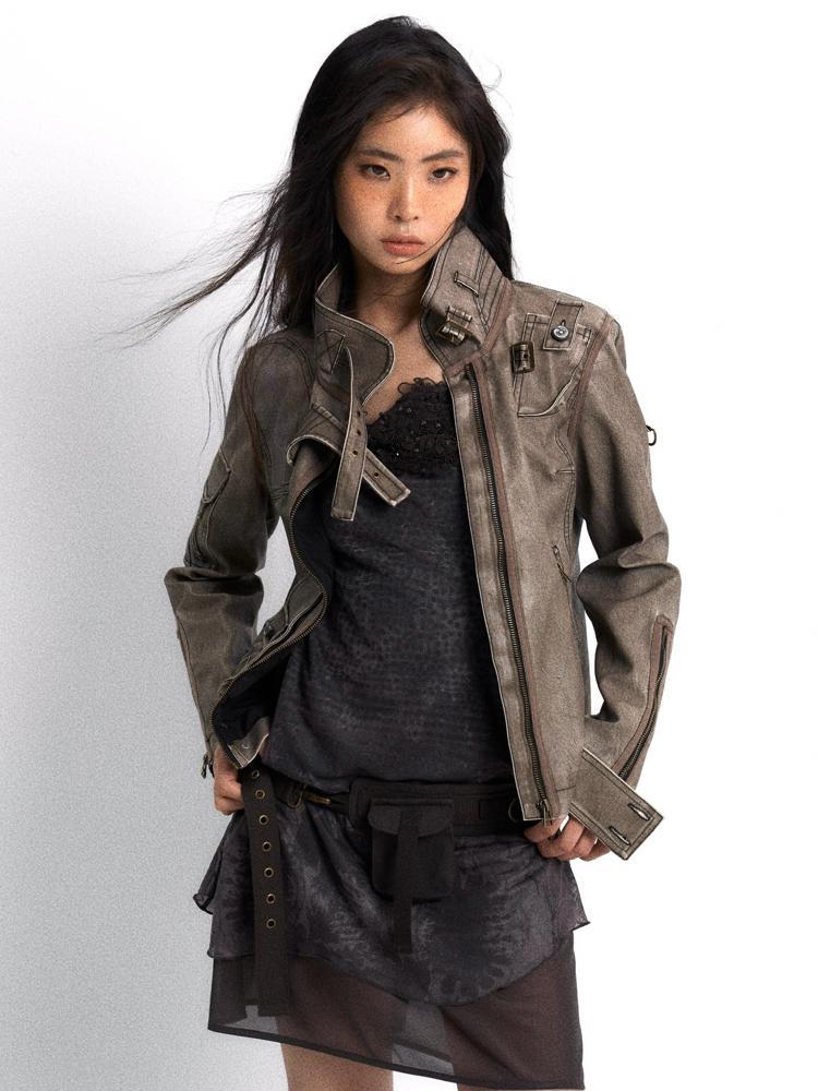 OPEN AESTHETIC Punk leather slim jacket