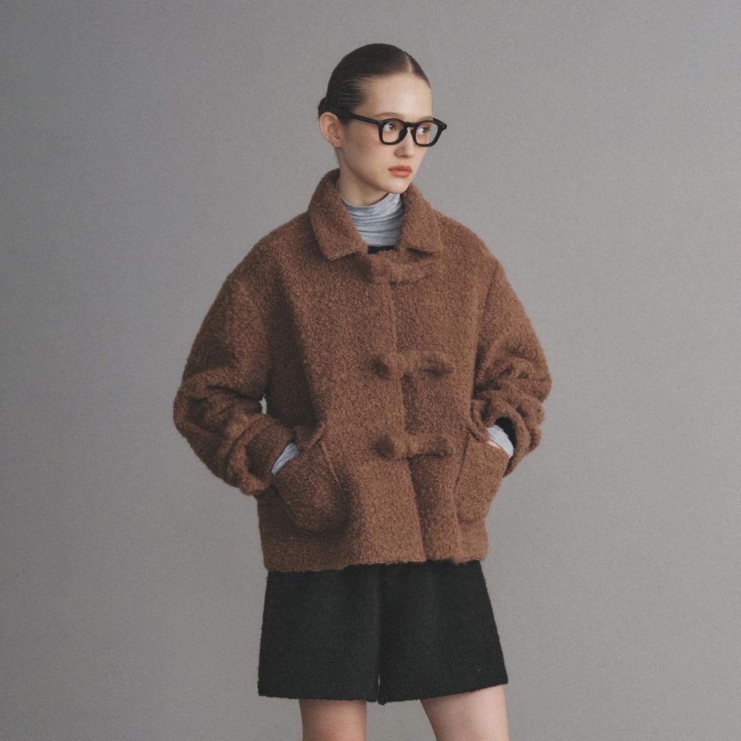 헤어리 버튼 울 숏 코트_Teddy Brown