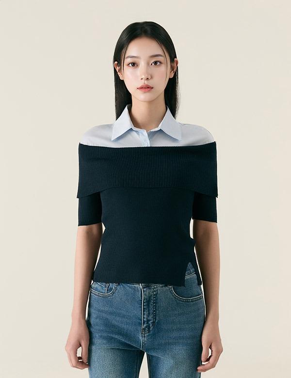 우븐매칭 오프숄더 반팔 니트_RMKAG24R12