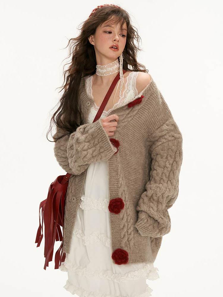 [MAMC] Rose Button Cable Loose Sweater Cardigan