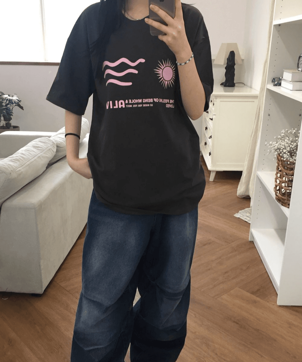 빈샵 오버핏 빈티지 레터링 프린팅 y2k 캐주얼 선셋 반팔티