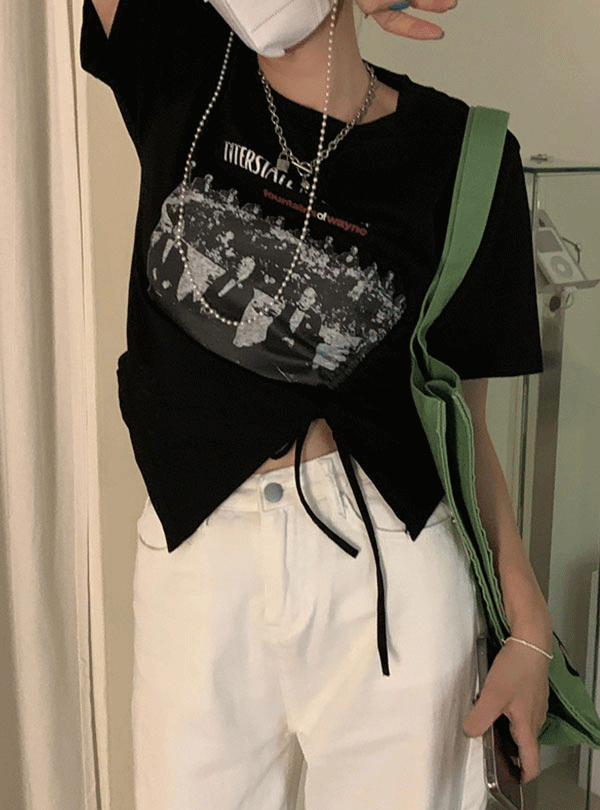 릿스튜디오  [팔뚝커버/3천장돌파]케일 스트링 셔링 사선 크롭 티셔츠