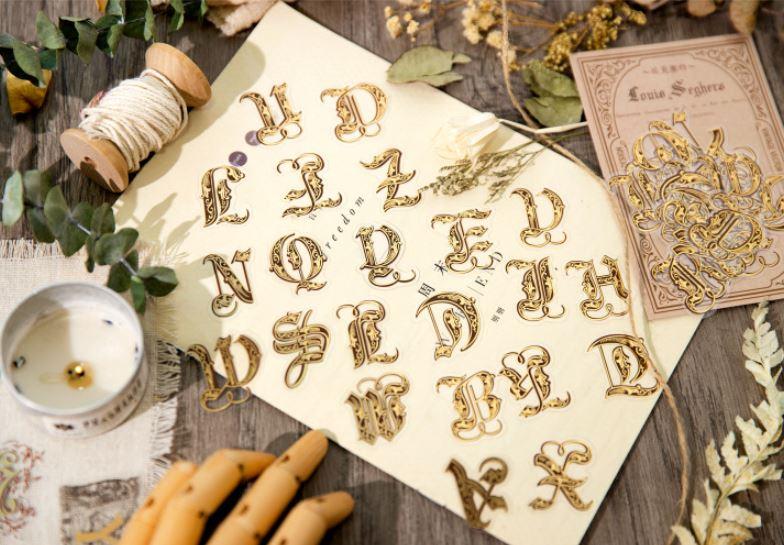 빈티지 다꾸 다이어리 꾸미기 엔틱 필기체 알파벳 금박 PET 스티커 6종 52매