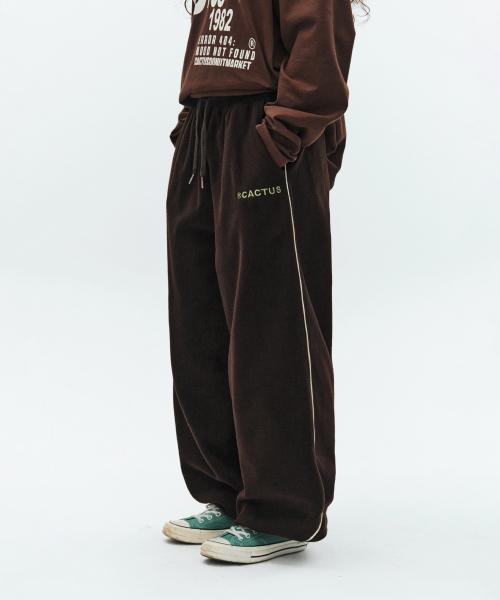 Embroidery Piping Fleece Sweat Pants-Brown