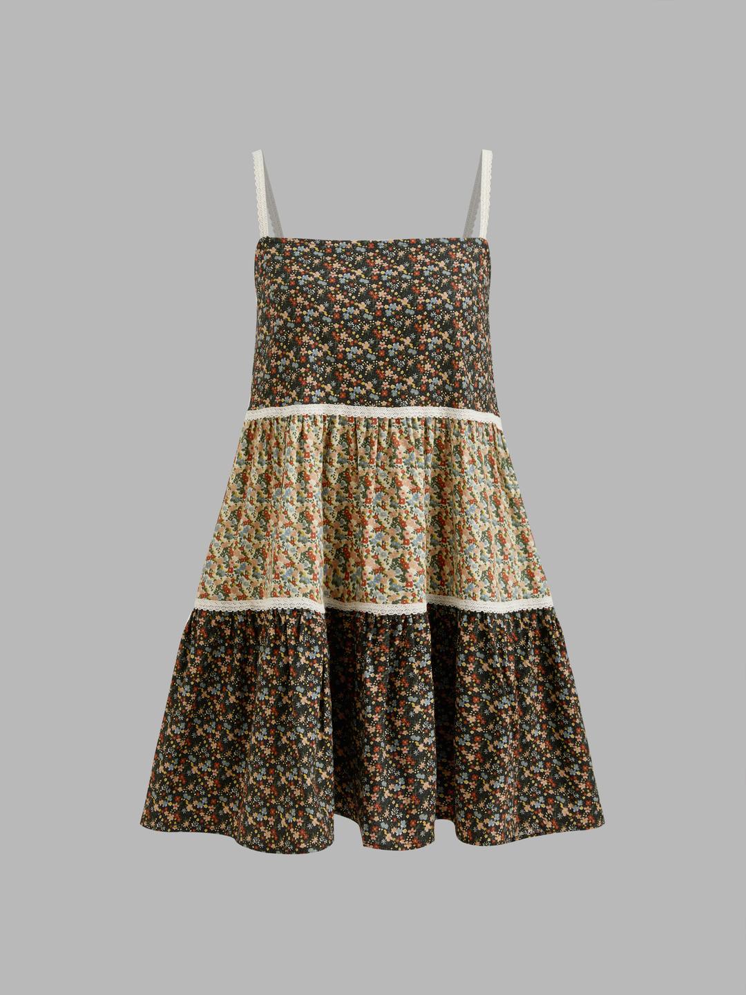 100% Cotton Square Neck Ditsy Floral Colorblock Ruffle Tiered Mini Dress