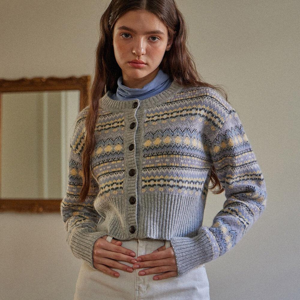 SEMI CROPPED JACQUARD CARDIGAN_2COLORS_GRAY