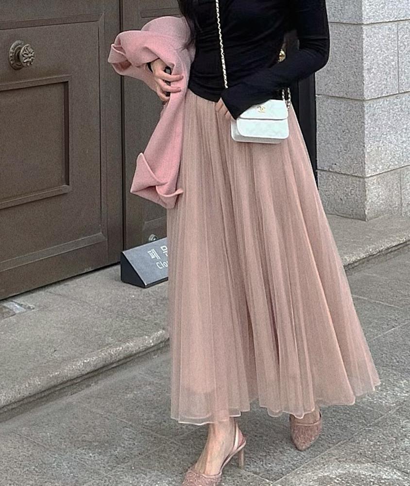 블랑 핑크 블랙 주름 쉬폰 롱 샤스커트