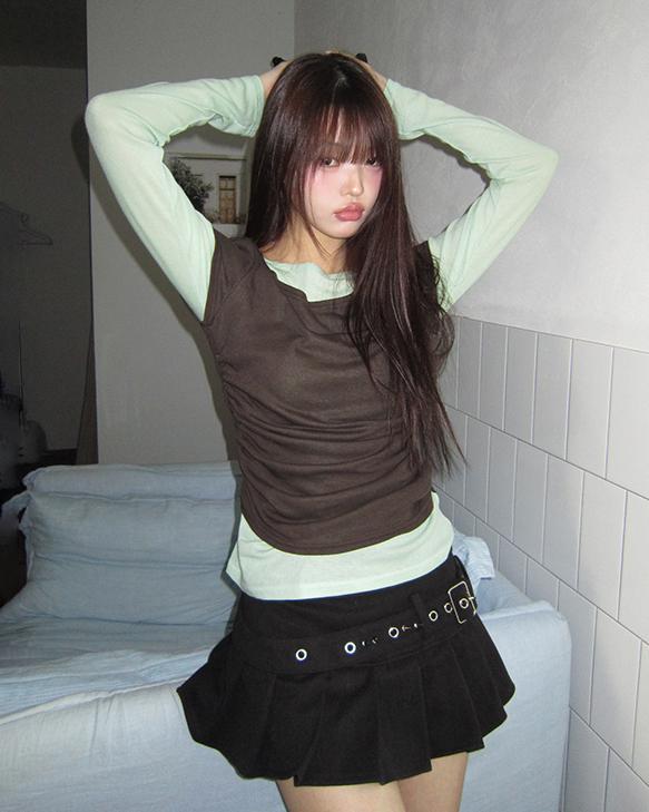 원더원더 [레이어드💗] 텐로 반팔 배색 라운드 티셔츠