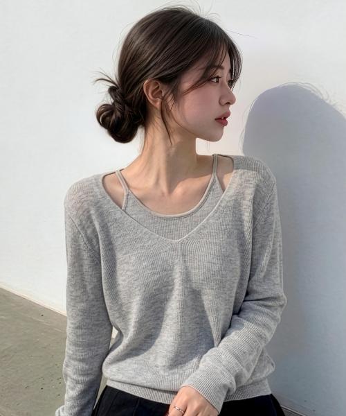 [W]브이넥 레이어드 니트 - 3color