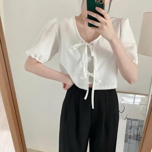 리본 셔링 블라우스 가디건