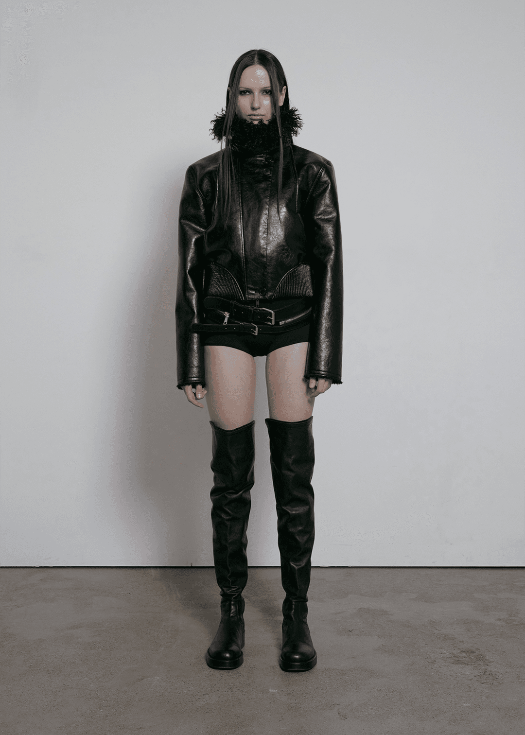 FAUX LEATHER SHEARLING SMOCKING JUMPER, BLACK