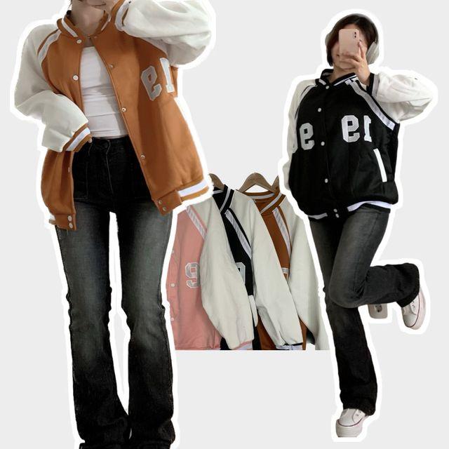 [기모!/Y2K아방핏-]힙해 오버 박시핏 숫자 레터링 1990 야구점퍼 겨울 기모 아우터 배색 나그랑 바시티 자켓 (4col)_리틀페어리