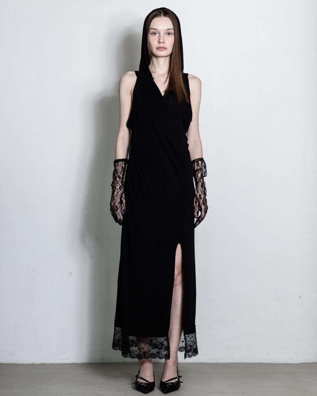 lace detail hood long dress (black)