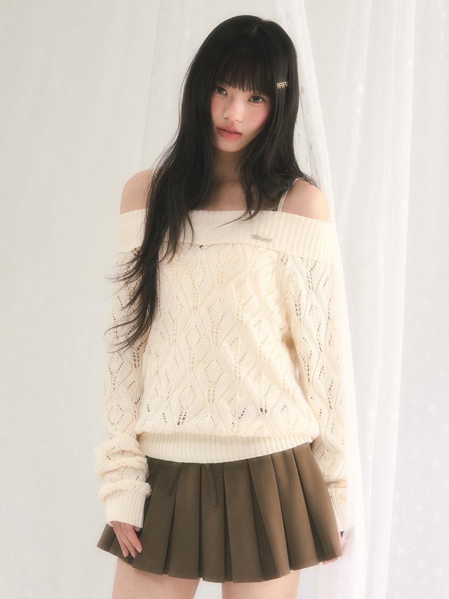 Weekendhub Pointelle Fold-Over Off-Shoulder Sweater