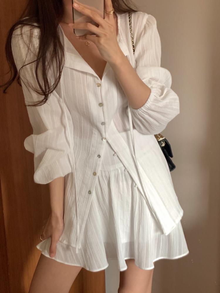 트임 백리본 레이어드 블라우스 스커트 투피스 세트(2color)