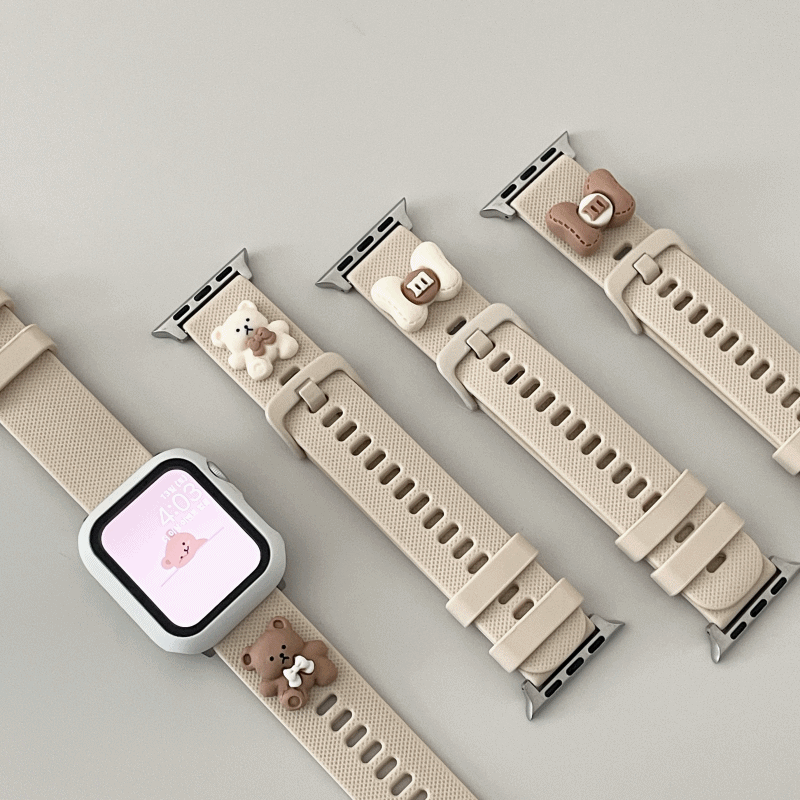 [필름증정] 애플워치 곰돌이 리본 캐릭터 참 장식 실리콘 스트랩 여름 스포츠밴드 실버 체인 큐빅 메탈 케이스 1 2 3 4 5 6 7 세대 SE 시계줄 밴드 줄질