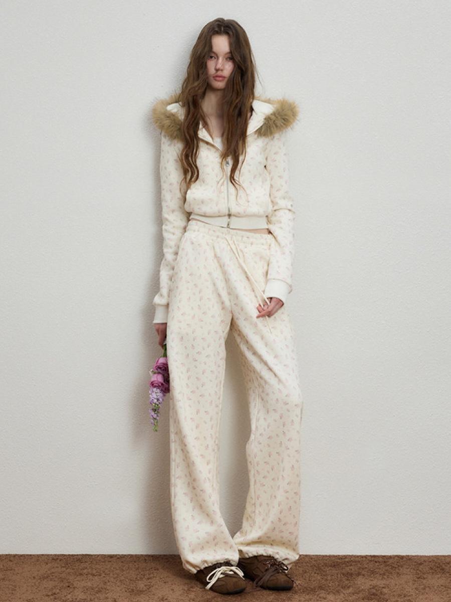 LUAMOSS Creamy Floral Fur Hoodie Zip-Up & Casual Pants