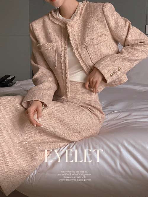 [set-up]아일렛 라운드 트위드 노카라 수술 자켓 H라인 롱 스커트 셋업(하객룩)