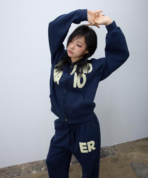 Weekend warrior waffle applique hoodie zip-up (Navy)