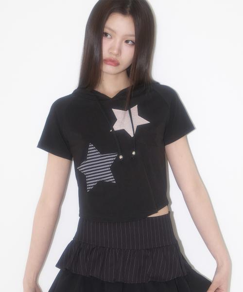 스트라이프 별 패치 후드 티 블랙