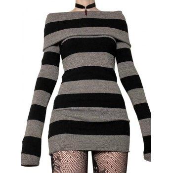 Off Shoulder Long Sleeve Striped Knit Mini Dress