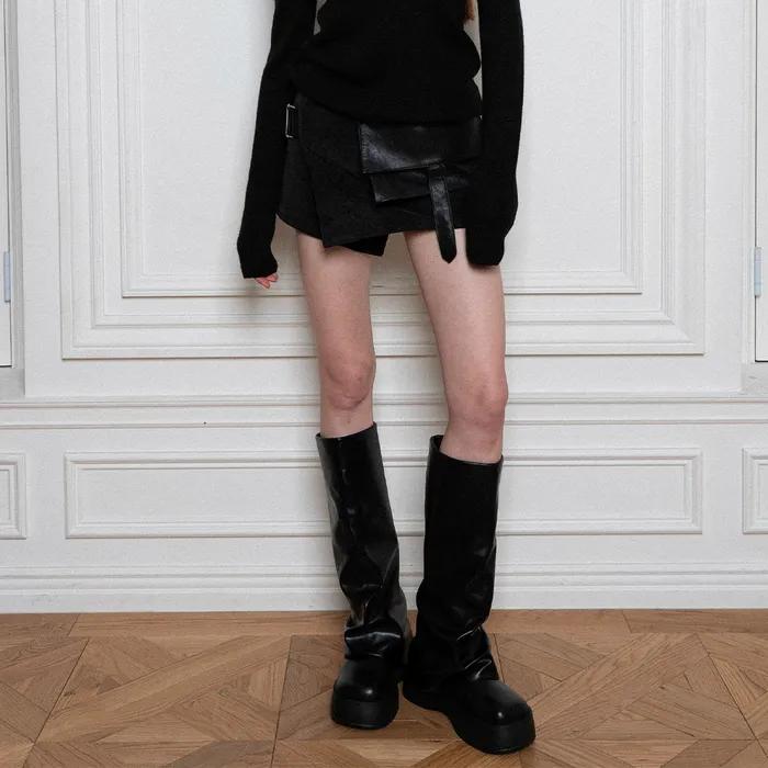 BELTED POCKET WRAP SKIRT, BLACK